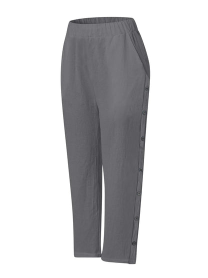 Full Size Side Decor Button Casual Wide Leg Pants Plus Size