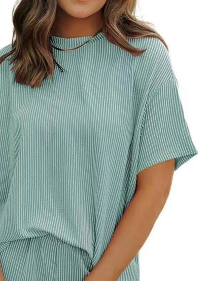 Full Size Ribbed Short Sleeve Top and Shorts Two-Piece Set Plus Size Sky Blue