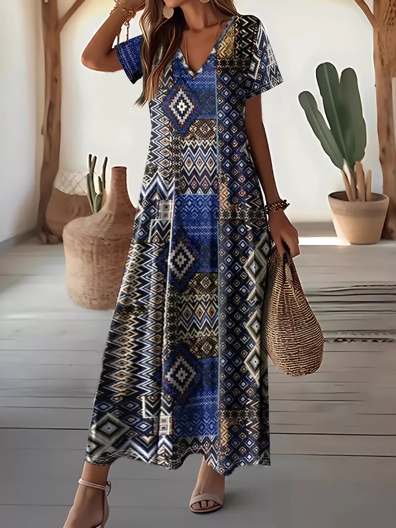 Plus Size Geometric Print V-Neck Short Sleeve Dress Navy