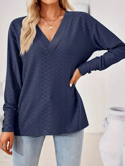 Plus Size V-Neck Textured Long Sleeve T-Shirt