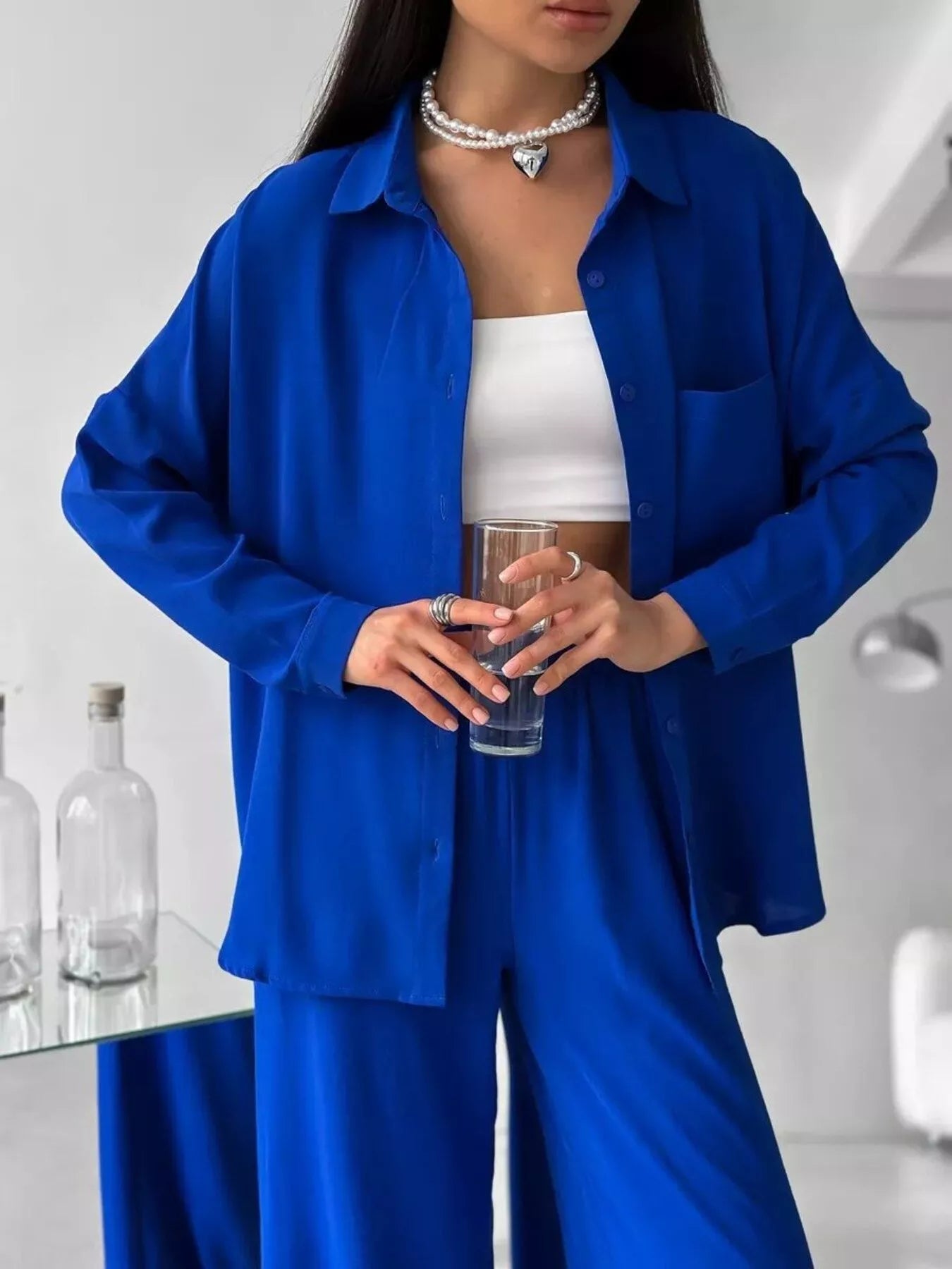 Button Down Shirt and Pants Set Blue