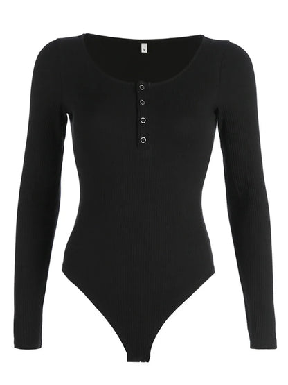 Quarter Snap Ribbed Round Neck Long Sleeve Bodysuit