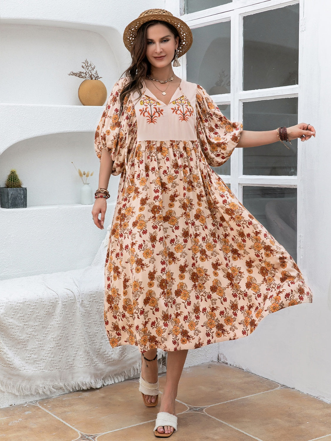 Back-to-School Plus Size Printed Tie-Neck Midi Dress