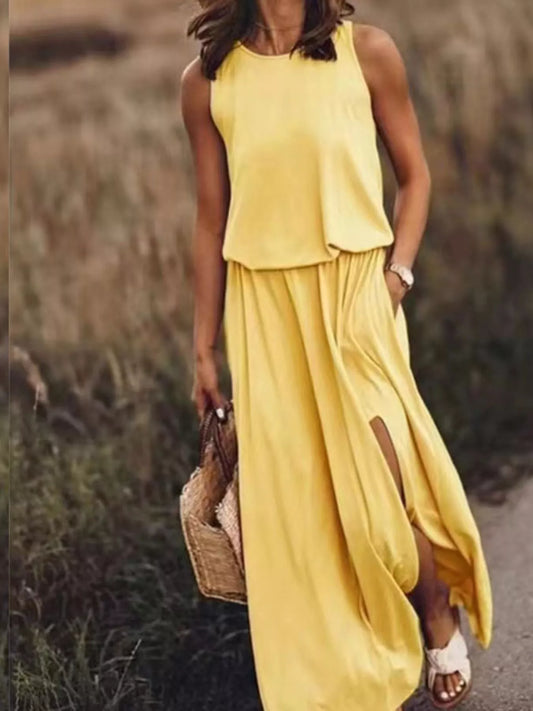 Full Size Round Neck Sleeveless Slit Maxi Dress Plus Size Yellow