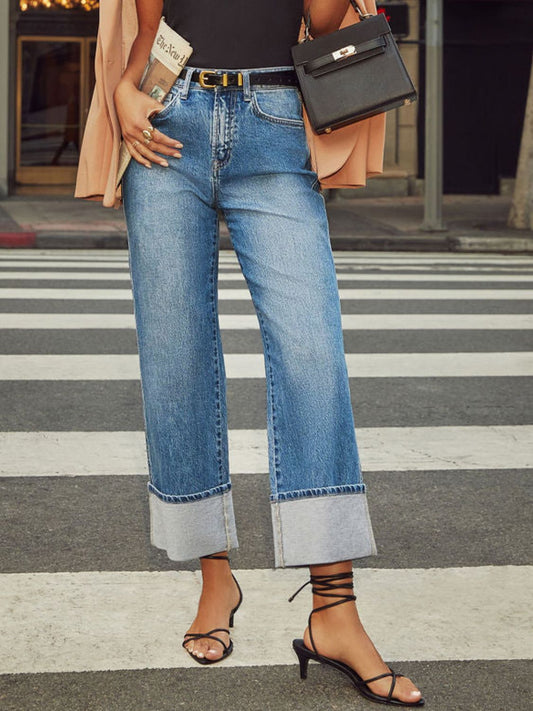 High Waisted Straight Leg Rolled Jeans Medium