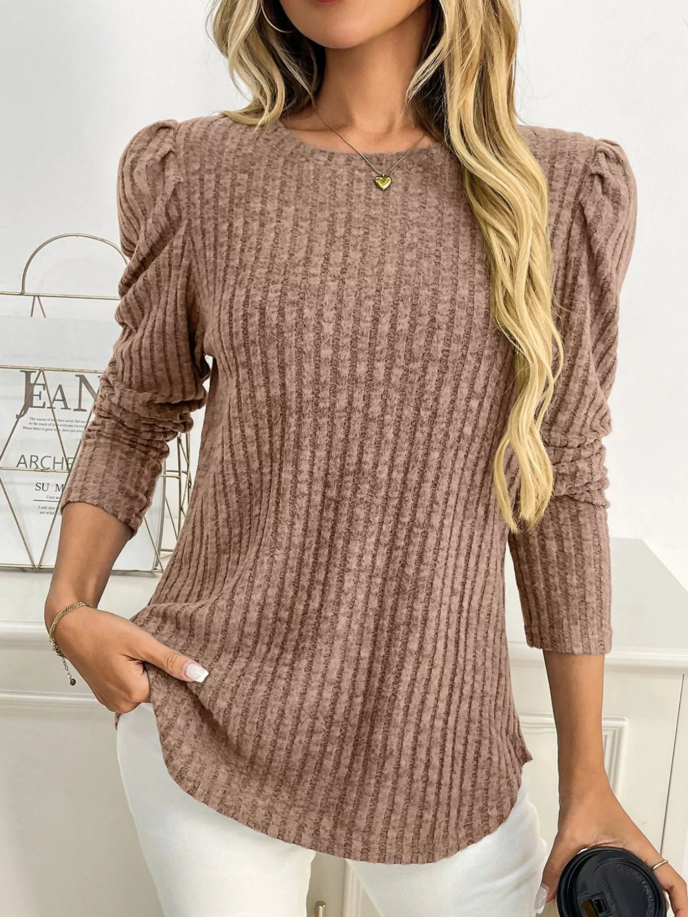 Round Neck Puff Sleeve T-Shirt Camel