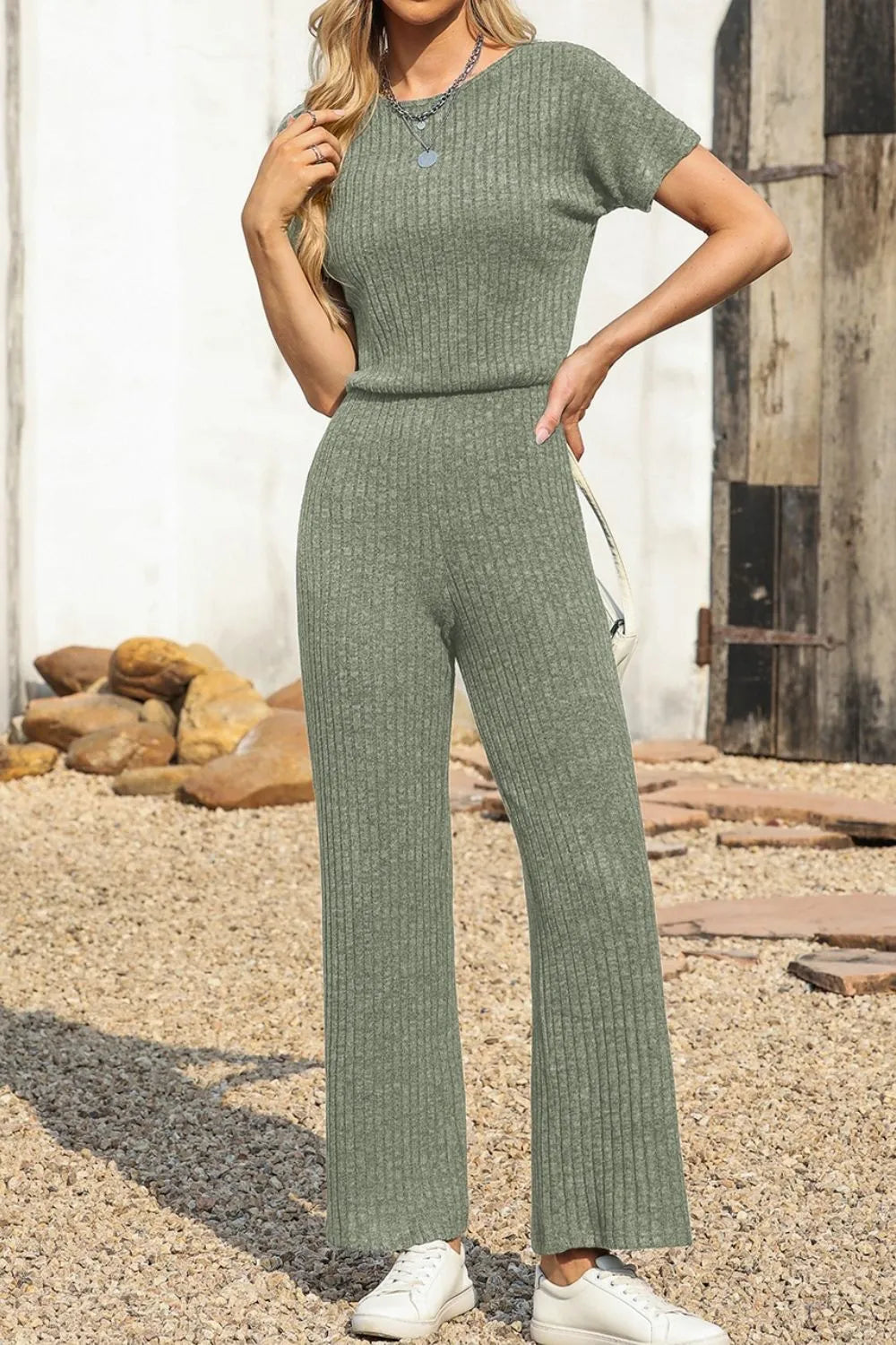 Ribbed Short Sleeve Wide Leg Jumpsuit