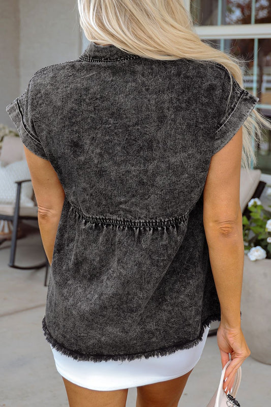 Short Sleeve Flap Pocket Button Up Raw Hem Denim Shirt