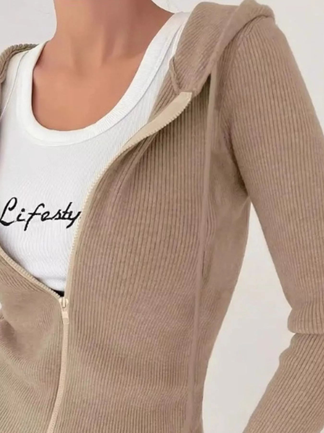 Ribbed Knit Zip-Up Hooded Cardigan