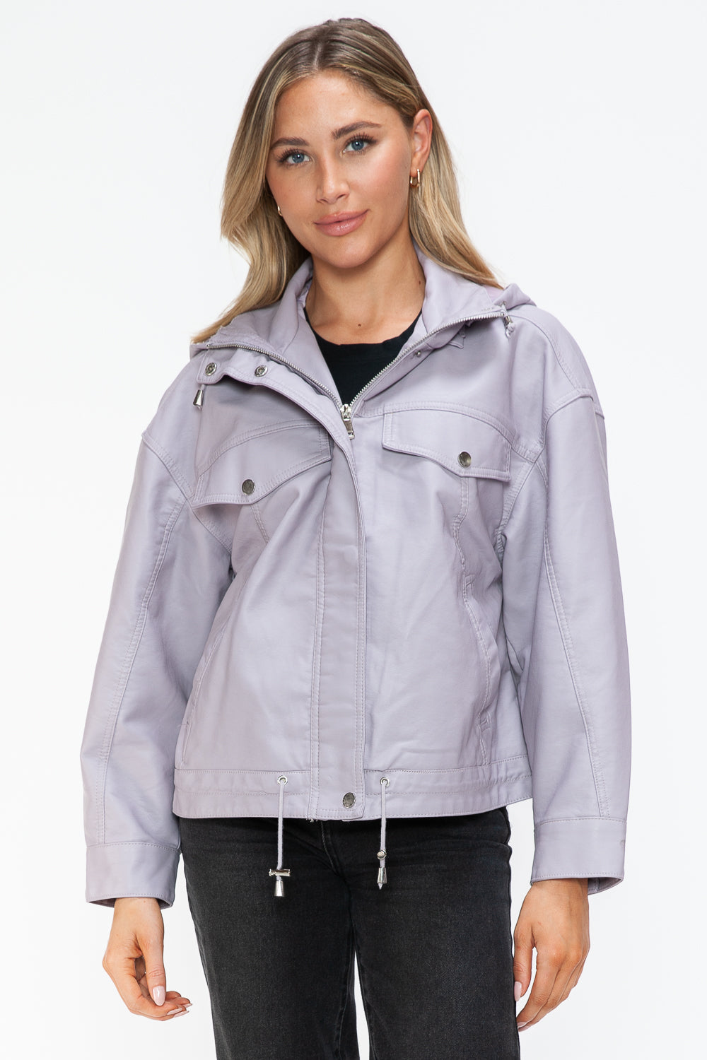 How Dare U Drawstring Hem PU Leather Zip Up Jacket Lilac