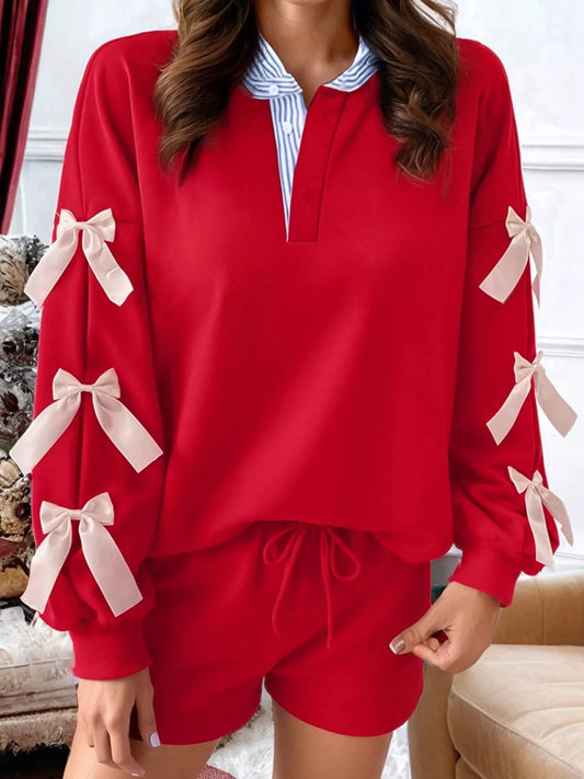 Striped Collar Patchwork Satin Bow Sweatshirt and Shorts Set Deep Red
