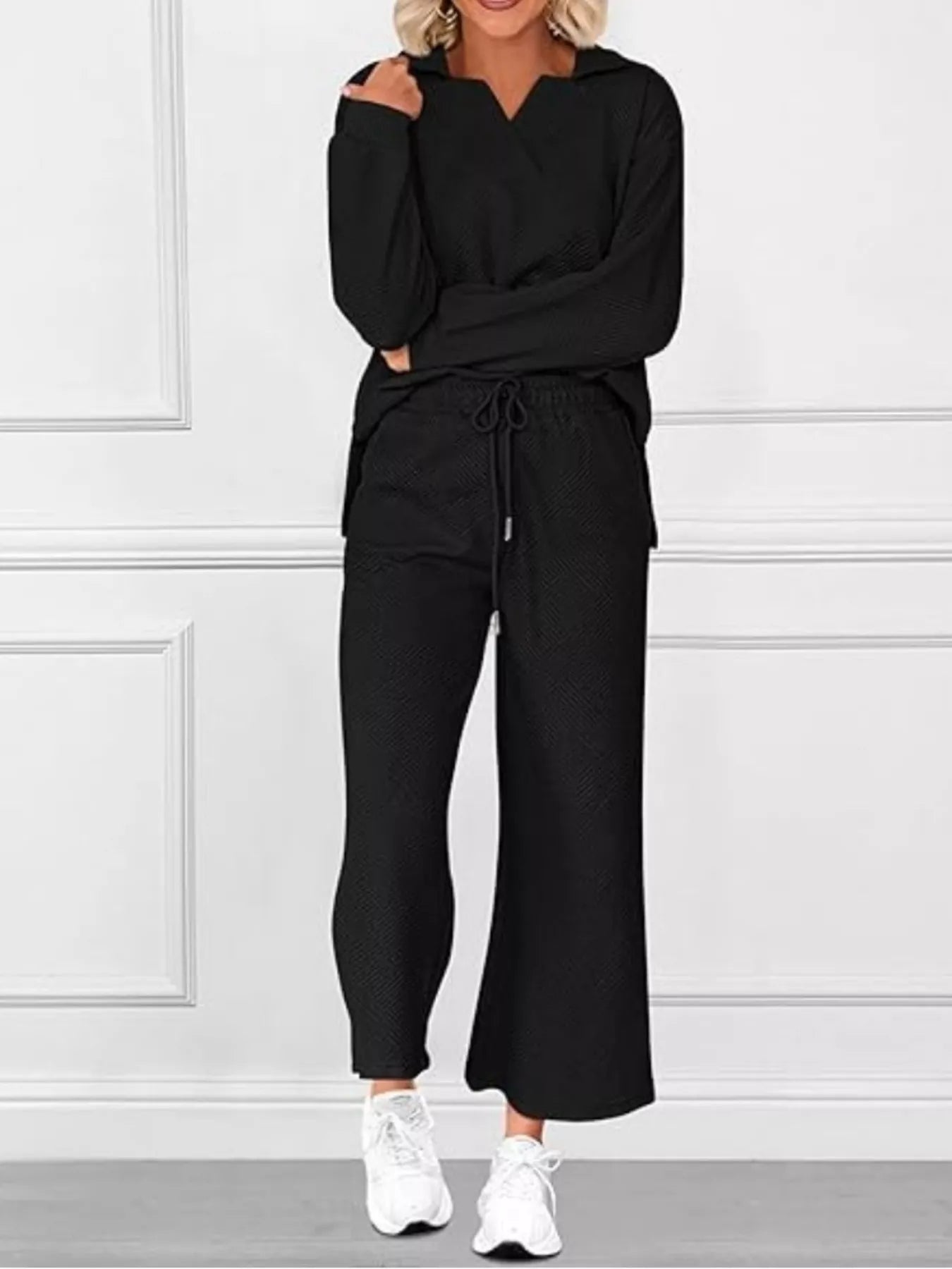 Side Slit Textured Top and Drawstring Pants Set Black