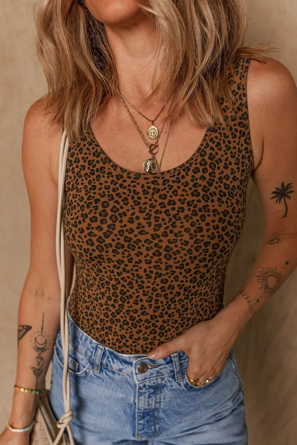 Leopard Scoop Neck Wide Strap Bodysuit