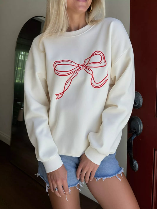 Bow Crew Neck Drop Shoulder Sweatshirt Beige