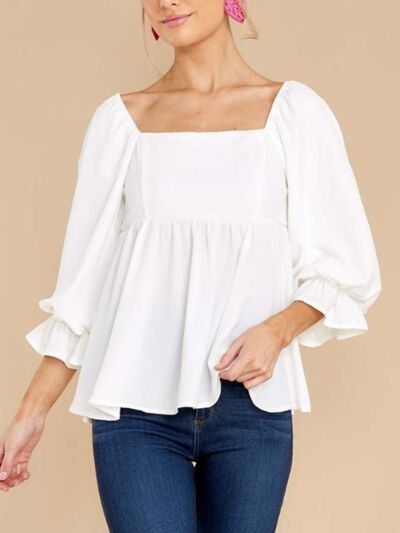 Smocked Square Neck Flounce Sleeve Blouse White