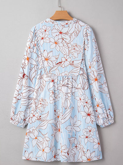 Floral Print Tie Neck Long Sleeve Mini Dress