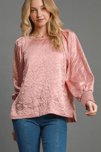 Umgee Wrinkled Round Neck Lantern Sleeve Blouse Blush Pink