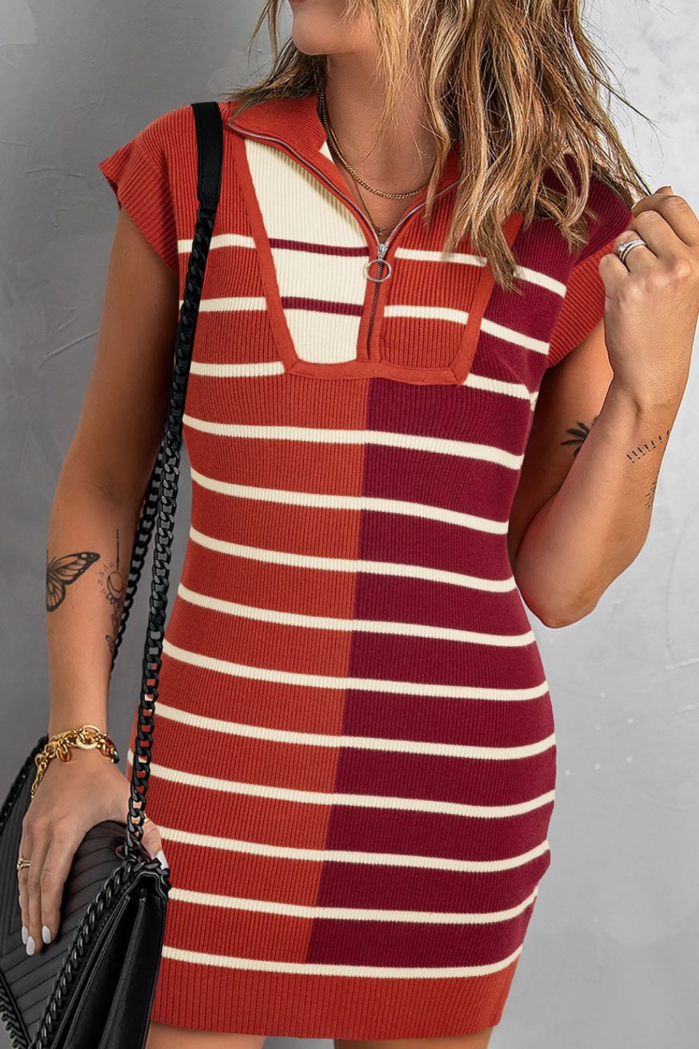 Striped Quarter Zip Cap Sleeve Sweater Dress Terracotta