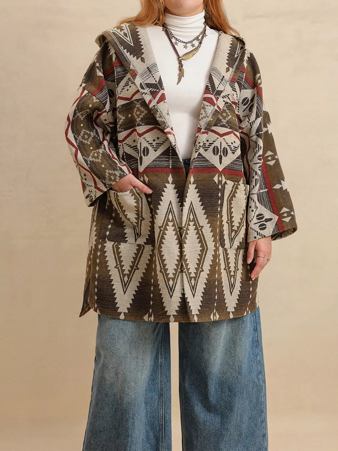 Plus Size Aztec Print Hooded Open Front Cardigan Coffee Brown