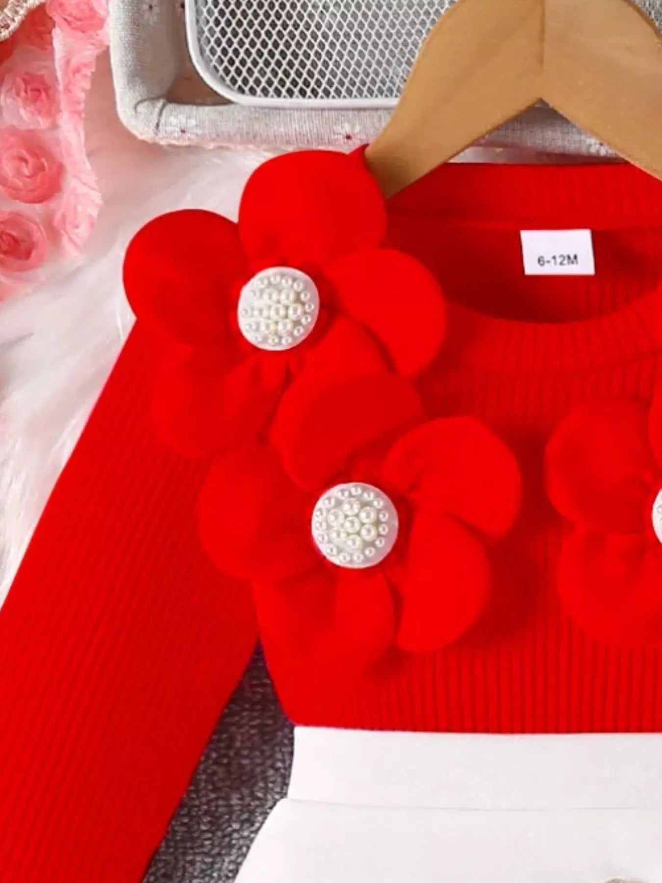 Children's Floral Applique Ribbed Top & Button Decor Skirt Set