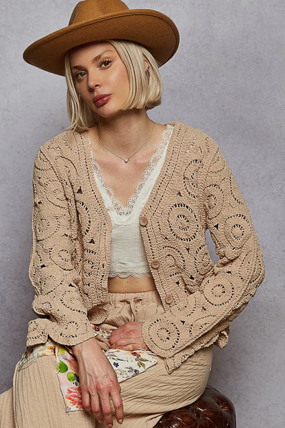 POL Button Down V-Neck Crochet Cardigan Camel One Size