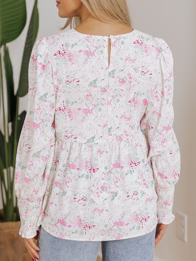 Printed Round Neck Long Sleeve Blouse