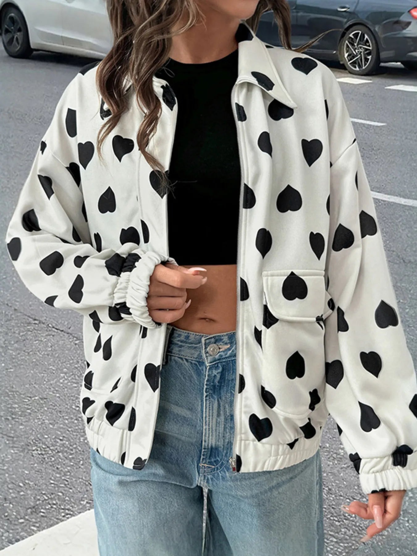 Heart Print Zip Up Jacket White