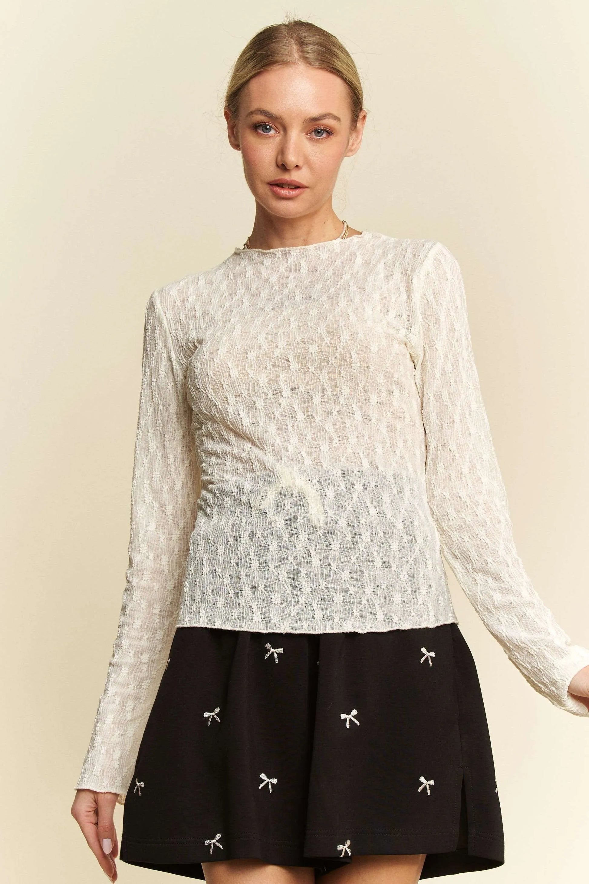 Davi & Dani Long Sleeve Sheer Small Embroidered Bows Lace Top CREAM