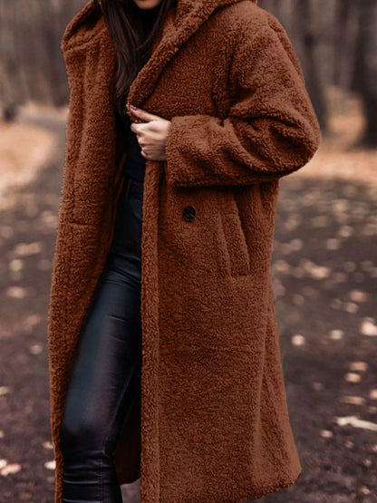 Teddy Bear Hooded Longline Outerwear Red Brown