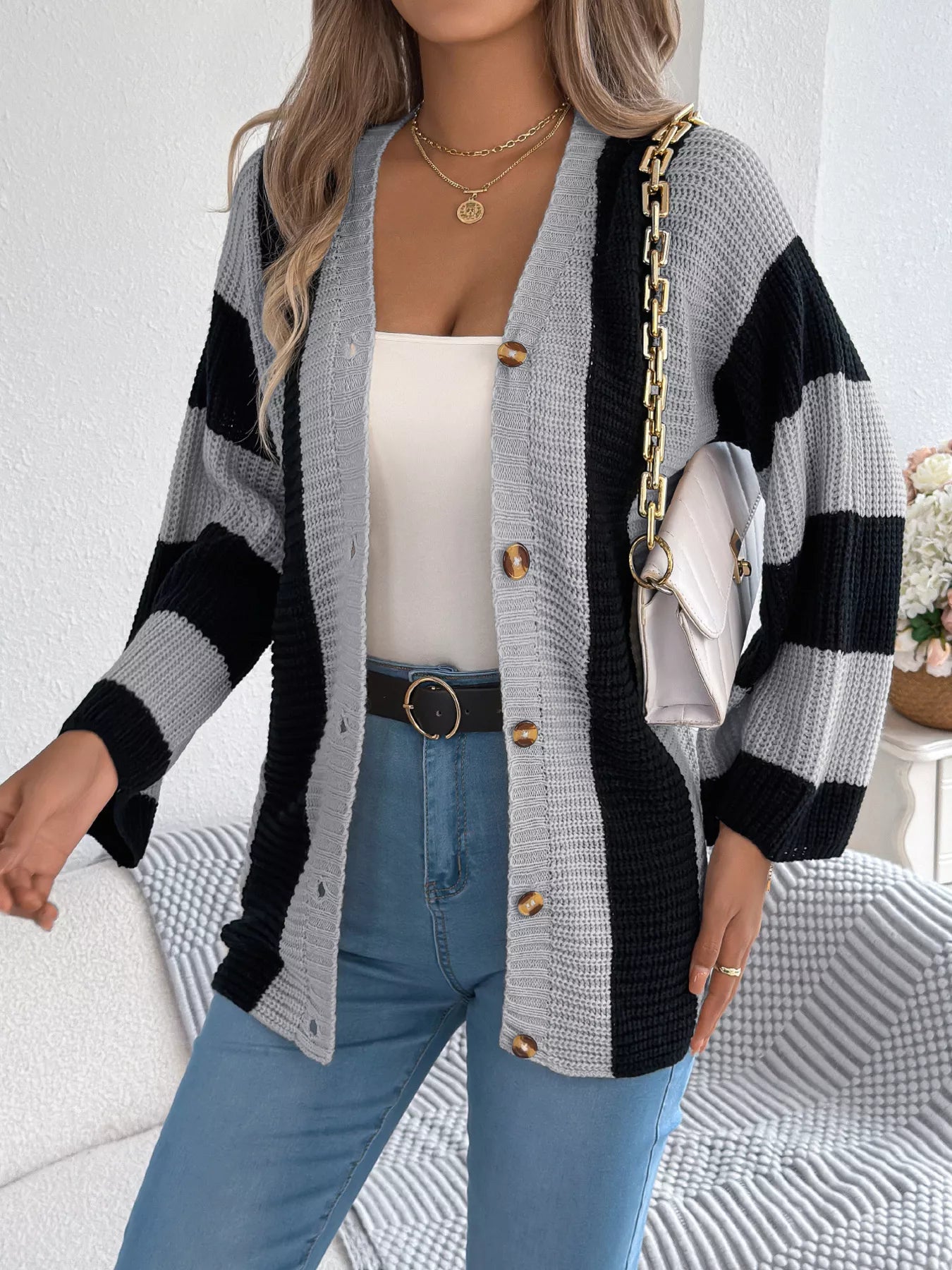 Color Block Button-Up Cardigan