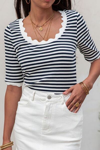 Striped Contrast Scallop Trim Half Sleeve T-shirt Black