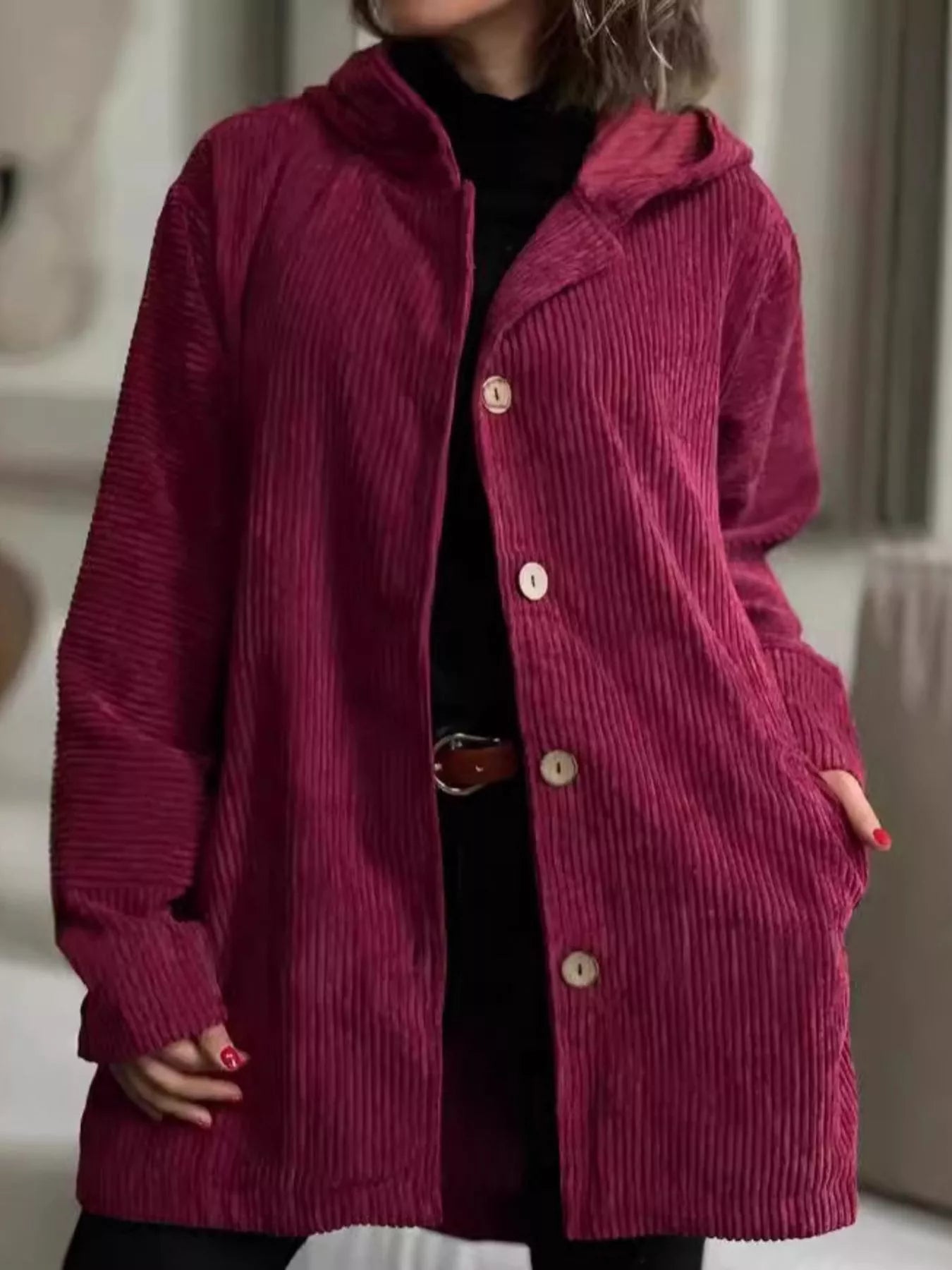 Full Size Corduroy Button Up Hooded Jacket Plus Size Burgundy