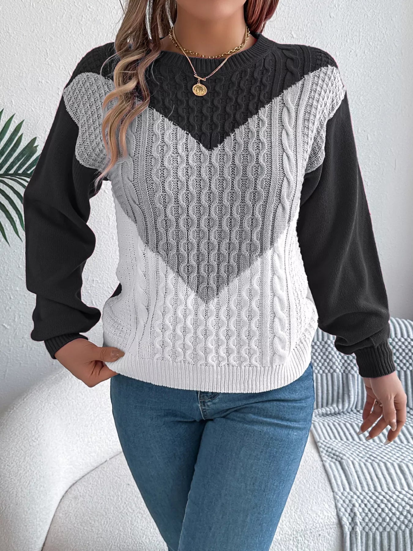 Color Block Cable Knit Sweater