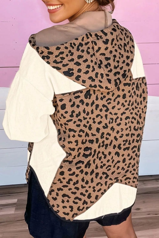 Drawstring Leopard Long Sleeve Hooded Jacket