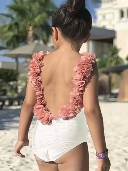Backless Petal Strap Parent-Child Swimsuit Kid-White