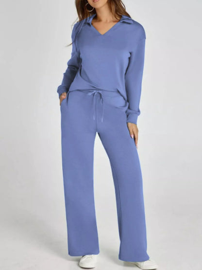 Full Size Johnny Collar Long Sleeve Top and Pants Plus Size Blue Purple
