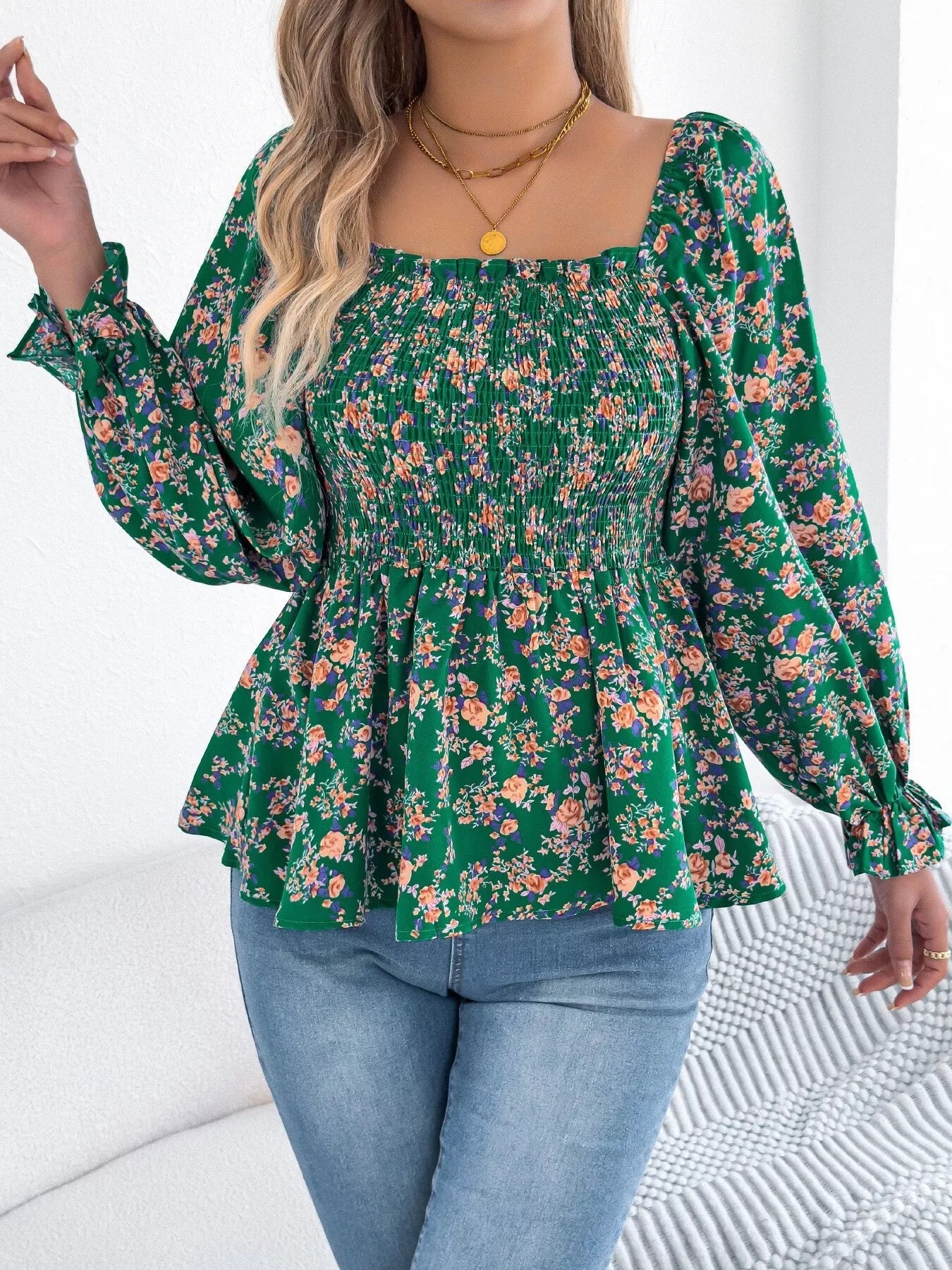 Full Size Floral Print Smocked Long Sleeve Blouse Plus Size