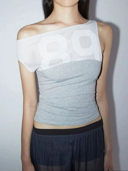 Asymmetric One-Shoulder Mesh Panel T-Shirt
