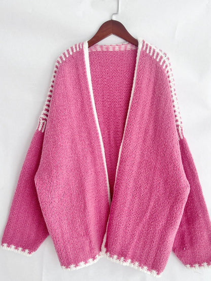 Back To School Sweater - Double Take Contrast Open Front Dropped Shoulder Cardigan