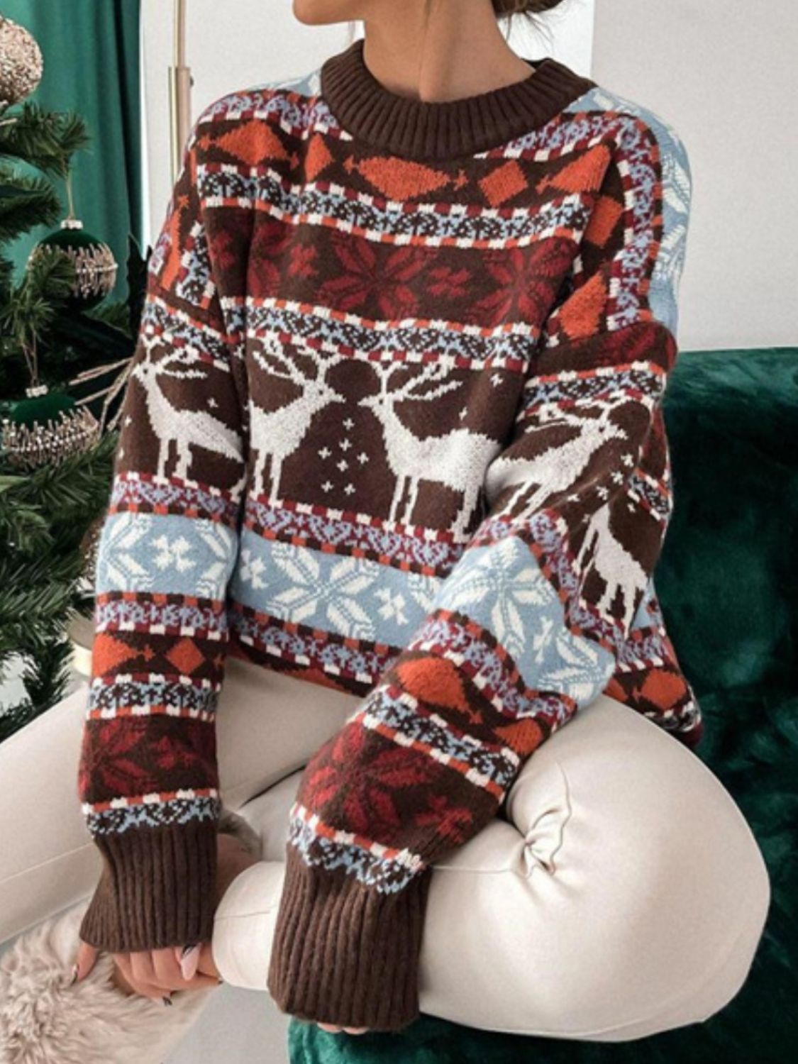 Geometric Round Neck Dropped Shoulder Sweater Brown