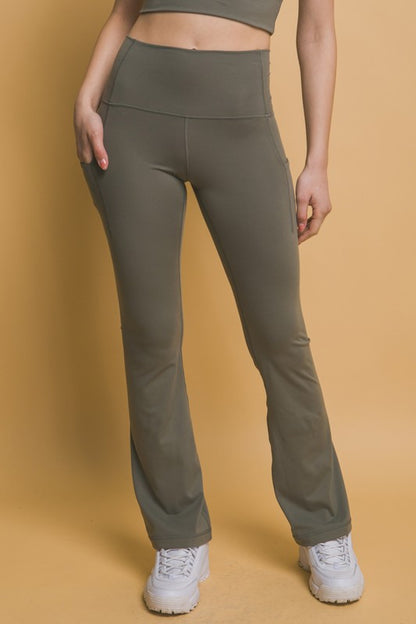 Love Tree High Waist Flare Active Leggings with Side Pockets Moss
