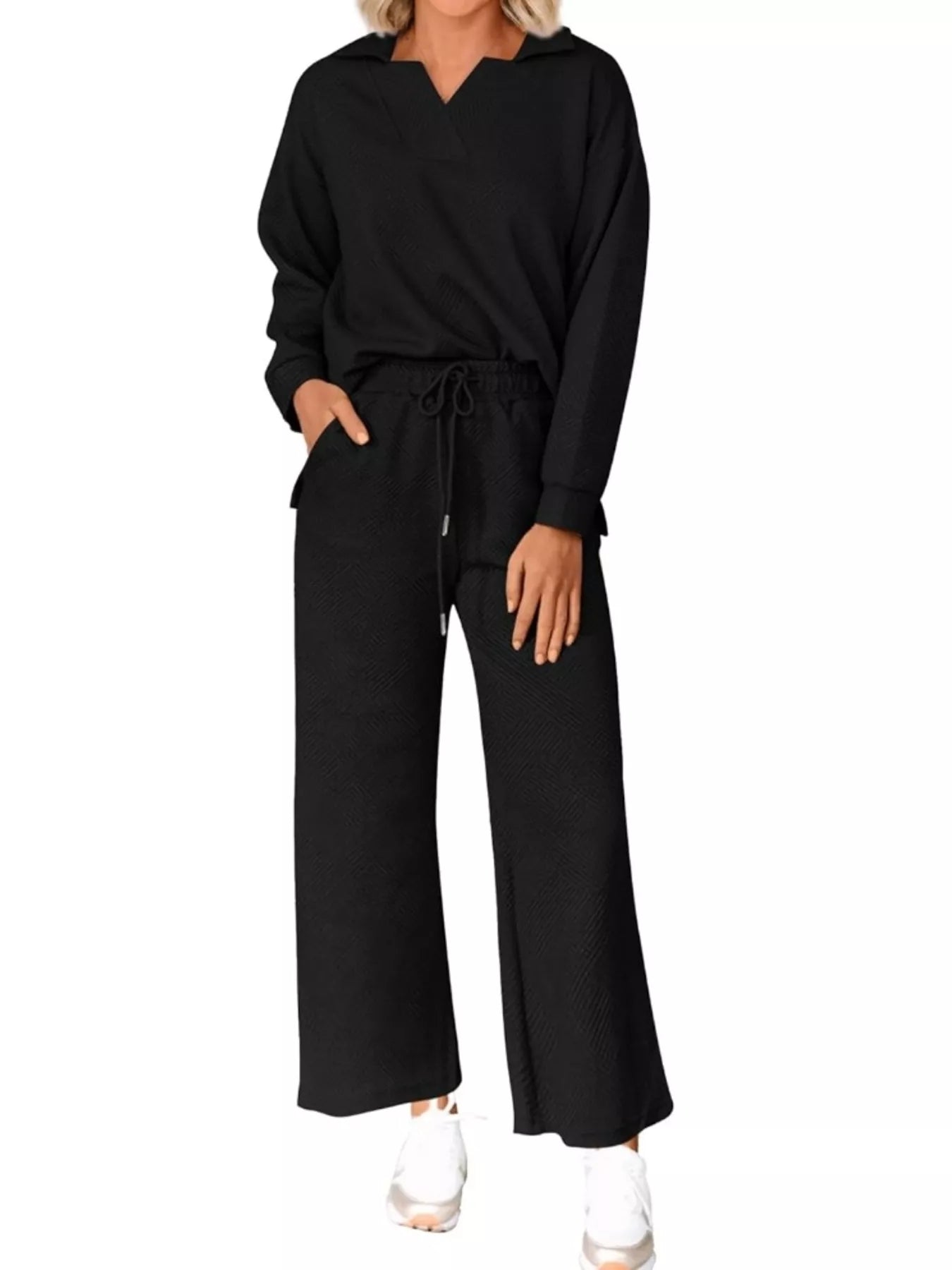 Side Slit Textured Top and Drawstring Pants Set