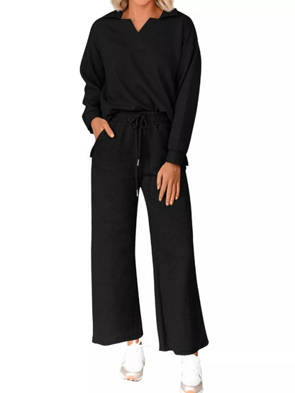 Side Slit Textured Top and Drawstring Pants Set