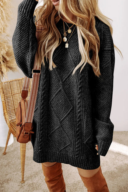 Cable-Knit Round Neck Sweater Dress Black