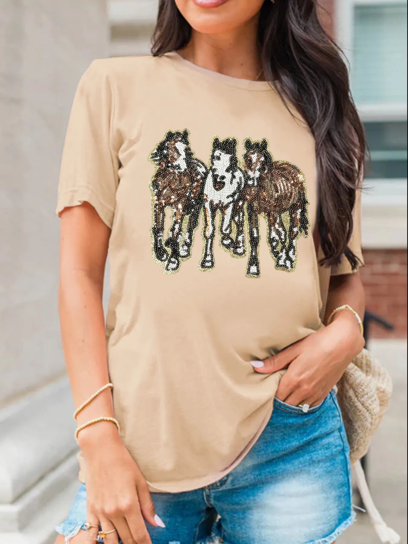 Sequin Horses Patched Casual Crewneck T Shirt Khaki