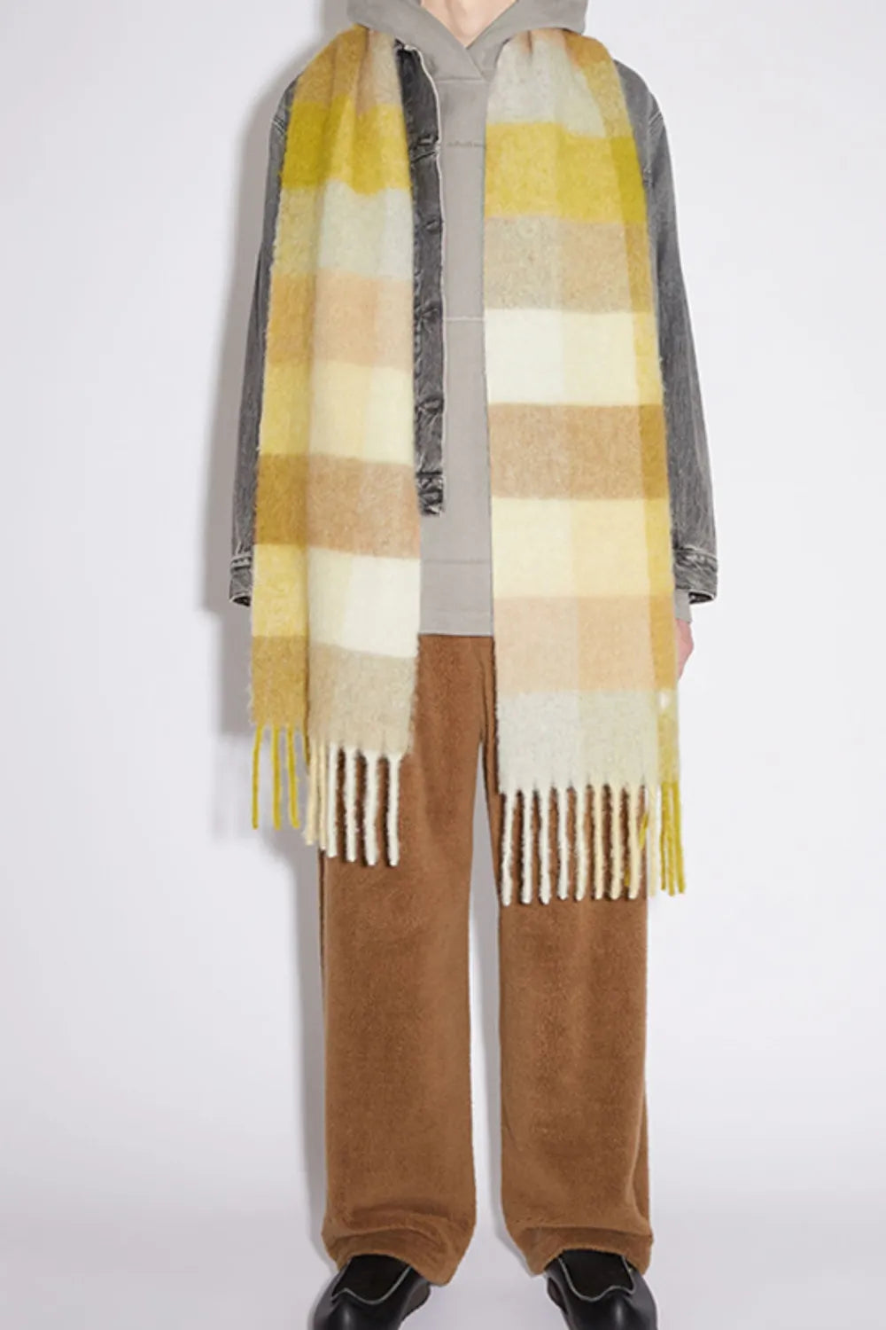 Thermal Fringe Contrast Plaid Scarf Yellow One Size