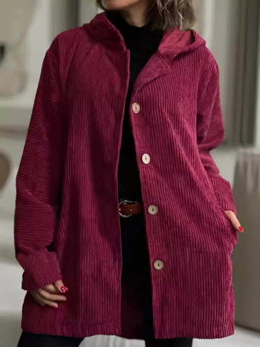 Full Size Corduroy Hooded Button-Up Jacket Plus Size Wine Red