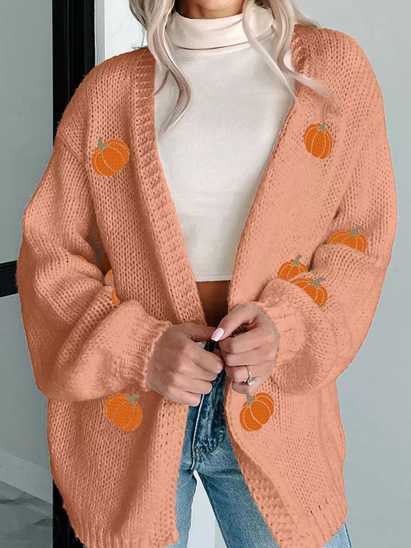 Pumpkin Tree Print Open Front Drop Shoulder Midi Cardigan Sherbet