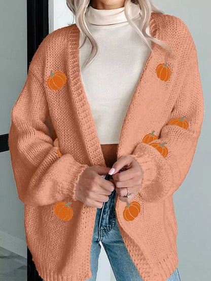 Pumpkin Tree Print Open Front Drop Shoulder Midi Cardigan Sherbet