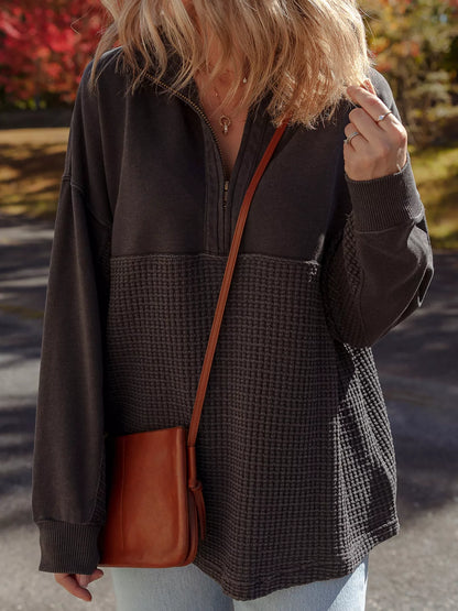 Waffle Knit Patchwork Half Zipped Casual Sweatshirt